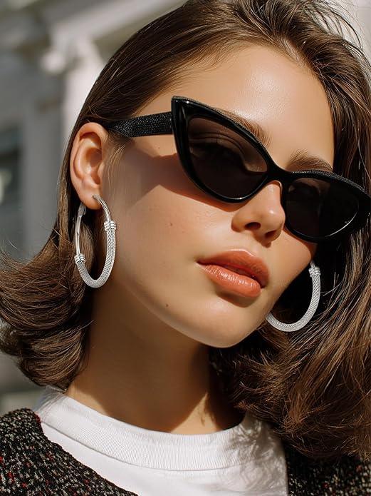 KeyStyle Mesh Hoop Earrings for Women, Stainless Steel Gold Hoops Earring Lightweight Loops, 2MM Thick Hypoallergenic Circle Endless Hollow Hoop 20mm-80mm