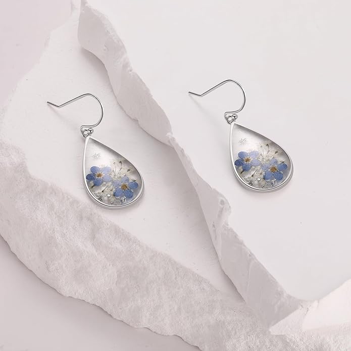 Forget-Me-Not and Queen Anne's Lace Pressed Wildflower Earrings | Pressed Flower Earrings | Handmade Drop and Dangle Earrings | Gift for Woman
