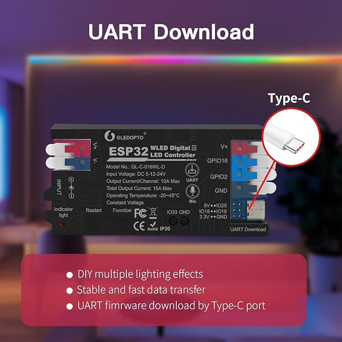 ESP32 WLED LED Strip Light Controller 15A Fuse Link Built in Mic UART Type-C Energy Saving Relay App Control Wago Wiring for RGB IC Addressable Digital WS2811 WS2812 SK6812 TM1814 WS2813 WS2815 etc