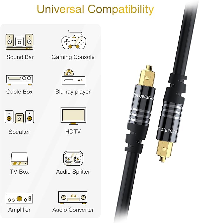 BlueRigger Digital Optical Audio Toslink Cable (25FT, Fiber Optic, Aluminum Shell, 24K Gold-Plated) - Compatible with Home Theatre, Sound Bar, TV, Xbox, PlayStation PS4 – Premium Series