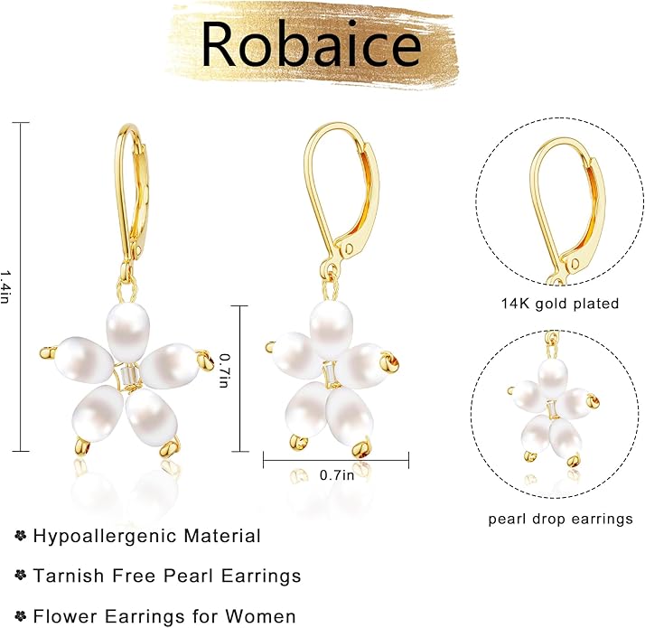 Gold Pearl Dangle Earrings for Women, 14K Gold Plated Small Pearl Drop Huggie Hoop Earrings, Hypoallergenic Dainty Gold Earrings Wedding Jewelry Gifts for Women Trendy
