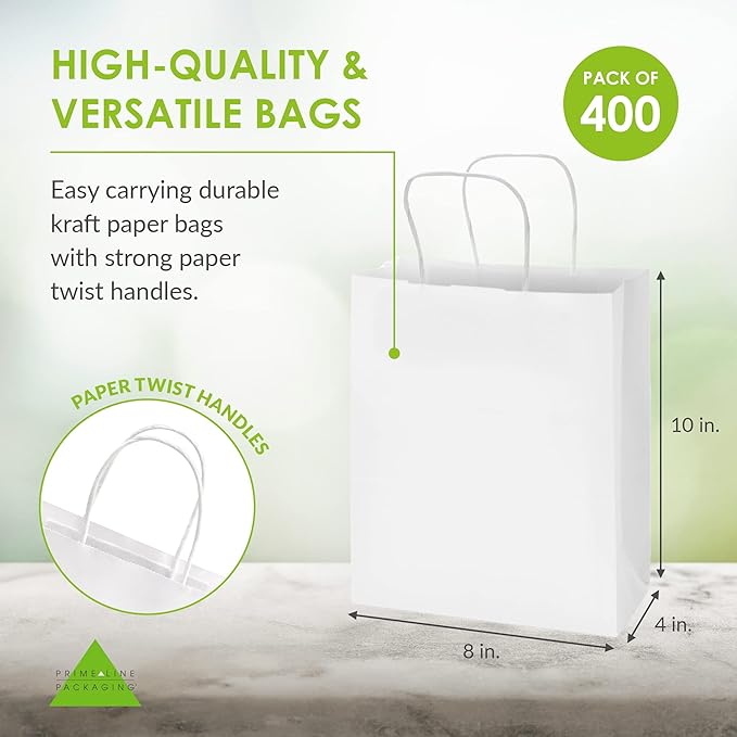 Prime Line Packaging White Paper Gift Bags, Kraft Gift Bags with Handles for Small Business, Boutique, Retail, Shopping, Birthdays, Favors, Bulk, 8x4x10, 400 Pack