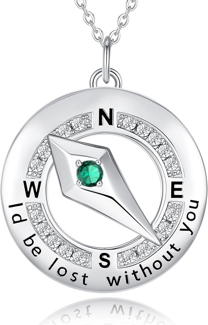 FANCIME Sterling Silver Compass Birthstone Necklaces Fine Jewelry Anniversary Birthday Gifts for Women Her Wife Mom