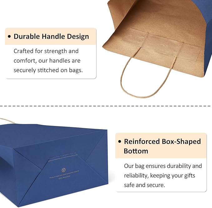 BagDream 25Pcs Navy Blue Gift Bags 8x4.25x10.5 Kraft Paper for Gifts, Shopping Retail Merchandise Grocery Sacks, Navy Blue Paper Bags with Handles Bulk Medium