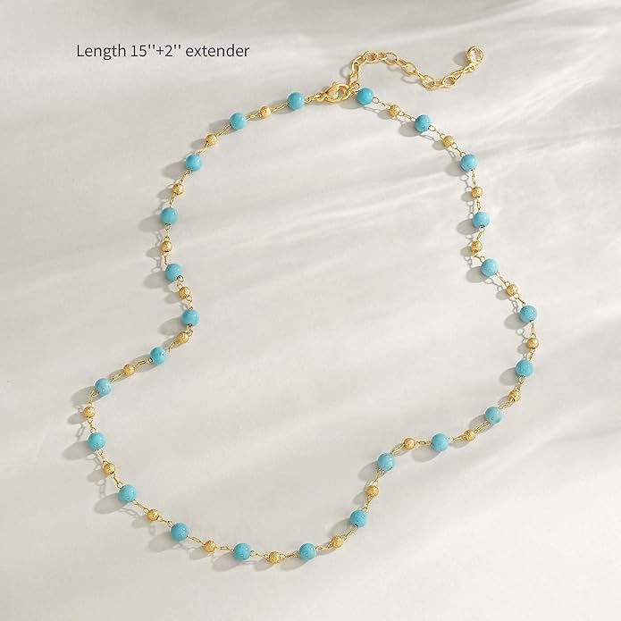 Created Turquoise Necklace for Women 14K Gold Plated Beaded Heart Choker Boho Necklaces Handmade Beach Summer Everyday Western Jewelry Gifts