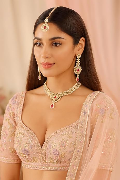 Touchstone Indian jewelry sets for women gold wedding tikka necklace set guest costume fancy bridal jewellery rhinestone crystal elegant formal prom evening wear dainty accessories