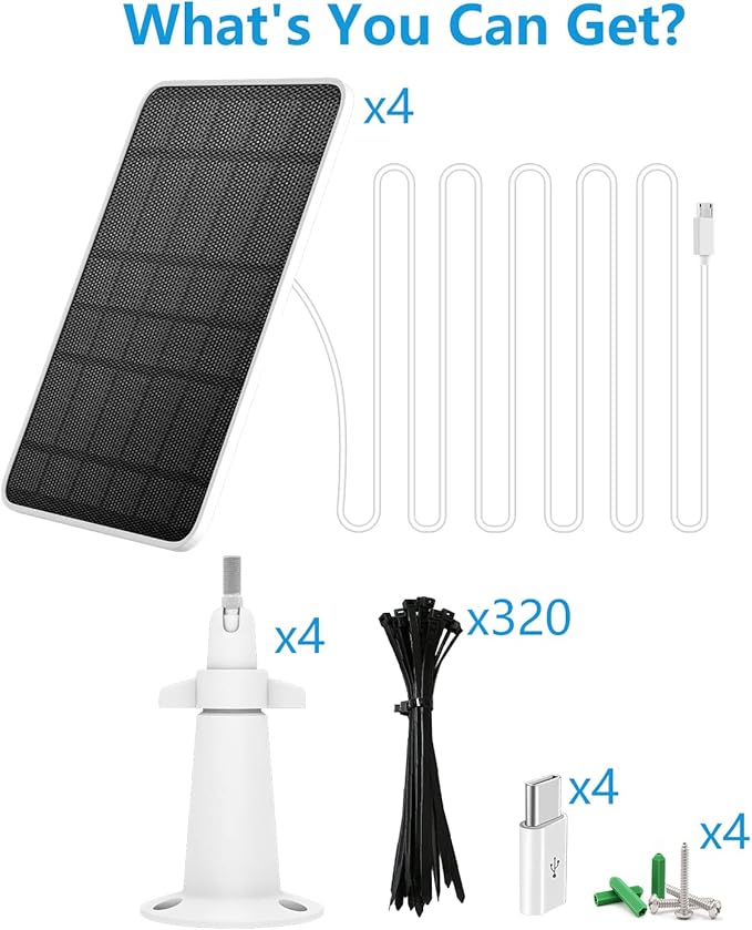Solar Panel Charger Compatible with Eufycam 3/3C/2C/2C Pro/E40/E20/2/2 Pro/E/L20/L40/Solo/SoloCam Spotlight, 5W Solar Panel for Eufy Camera, Micro USB & USB-C Port, 9.8ft Cable, P65 Waterproof, 4 Pack