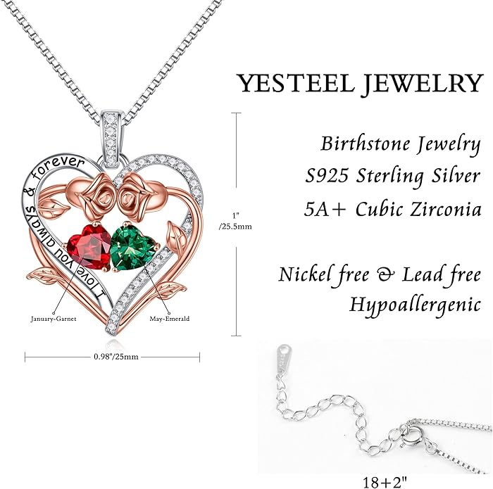 Iefil Valentines Gifts for Her Wife Women - Rose Heart Double Birthstone Necklace Gift for Wife Girlfriend Her Women, Birthstone Jewelry Gemstone Birthday Gifts for Mom Grandma Her