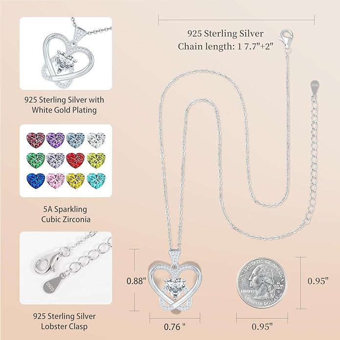 Infinity Necklace for Women, 925 Sterling Silver Heart Necklace with 5A Zircon, White Gold Plated Adjustable Chain, Gift for Valentine's Day, Birthday, Anniversary for Wife, Girlfriend, Mom