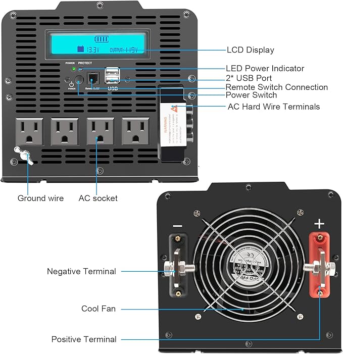 Power Inverter 5000 watt 12v to 110v /120V Inverter for car Vehicles Truck Camping Solar Panel Power Converter Adapter with Clamps and Remote Inverter 5000W