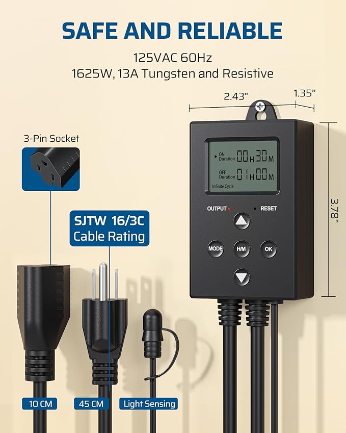 DEWENWILS Repeat Cycle Digital Timer, Interval Timer Outlet, Infinite/Day/Night Cycles, Photocell Light Sensor for Hydroponics Aquaponics Aeroponics, Pump, Fan, Water Heater, Indoor Use,1625W/125V/13A