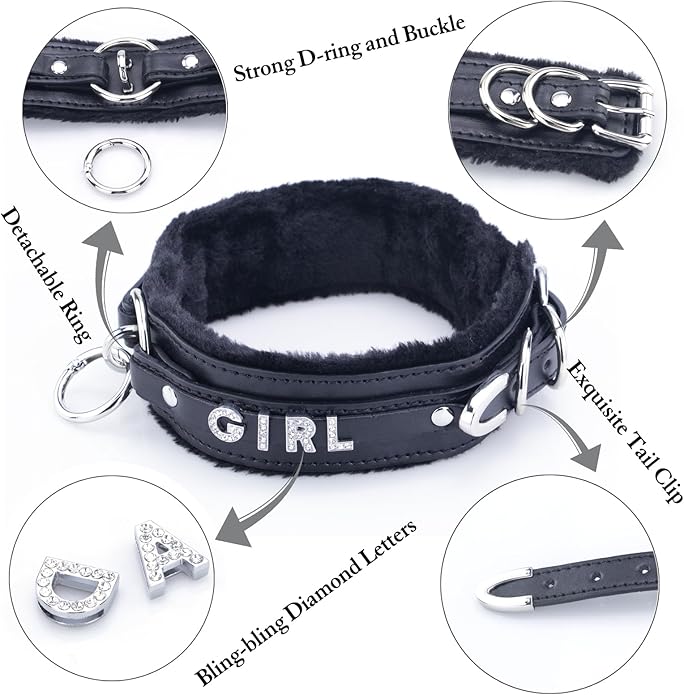 Sparkle Letter Choker Collar For Women, Furry O-ring Leather Collar Punk Gothic Choker Necklace Adjustable Fashion Jewelry, Black
