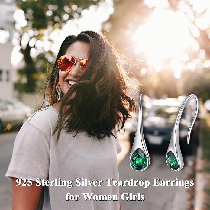 925 Sterling Silver Small Pear-Shaped Modern Style Hook Earrings with Crystals from Austria