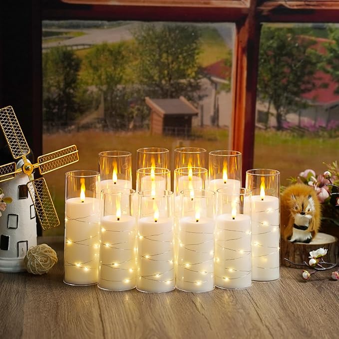 Flameless Candles with Embedded Star String, 12 Pcs Battery Operated LED Pillar Candles with Remote and Timer, Suitable for Home Decor, Party, Christmas & Wedding (White)