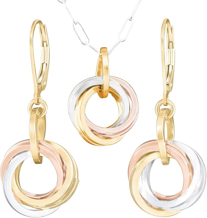 Tahmi Tricolor Jewelry Gift Set for Women | Everyday Secure Leverback Earrings & Pendant Necklace in 14K Yellow & Rose Gold-Filled and Sterling Silver 925, 18"