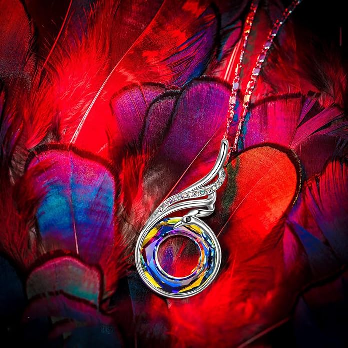Phoenix Crystal Pendant Necklace for Women Rise from the Ashes - Vintage Copper Silver-Plated Jewelry with 7 Diamond Accents, Gift for Mom, Girlfriend, Wife, Mother's Day, Wedding, Anniversary & Evening Party,Symbol of Luck and Renewal.
