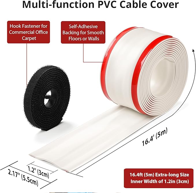 16.4ft Cord Cover Floor, Soft PVC Cord Covers for Wires on Floor, Self-Adhesive Floor Cable Cover Cord Hider, Floor Cable Management Cable Protector for Commercial Office Carpet/Floors/Wall White