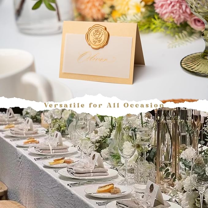 25 Pack Name Cards for Table Setting, Place Cards with Antique Gold Rose Wax Seal Sticker for Wedding, Table Tent Card Stock Handmade Decor for Party, Dinner, Home(Pearlized Gold)