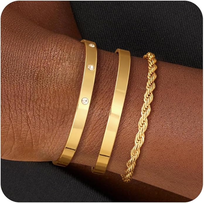 Gold Bangle Bracelets for Women, Non Tarnish Dainty 14K Gold Plated Cuff Bracelets Stackable for Women,Waterproof Bracelet Stack Gold Jewelry Gifts Trendy Adjustable Accessories