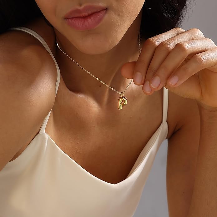 Bubble Gold Silver Letter Necklace Initial Necklaces for Women Trendy 14K Dainty Charm Pendant Name Necklace Personalized Jewelry Gift for Women Teen