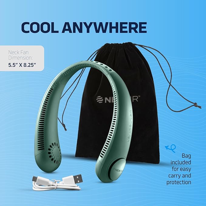 Portable Neck Fan - 3 Speed Rechargeable Bladeless Neck Fan, Adjustable Personal Green Neck Fan For Women & Men Modern Design, Great Cooling Fan For Travel, Outdoors & Sports