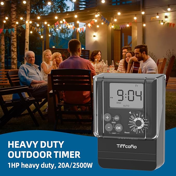 TiFFCOFiO New Digital Outdoor Timer Waterproof, Dial Programmable Method, Outdoor Light Timer with 2FT Extension Cord, 2 Grounded Electrical Outlets for Lights, 6 Sets of Programs, 20A/2500W