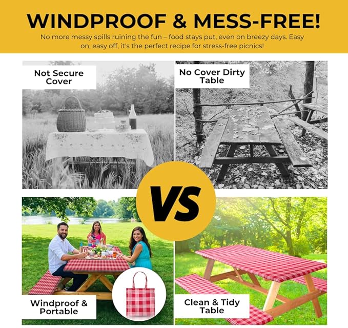 RNOONY 6ft Polyester Picnic Table Cover with Bench Covers Windproof & Waterproof Tablecloth, Perfect for Camping Gifts & RV Essentials, Cool Camping Gadgets, with Carrying Bag, 72x30 Inches, Red