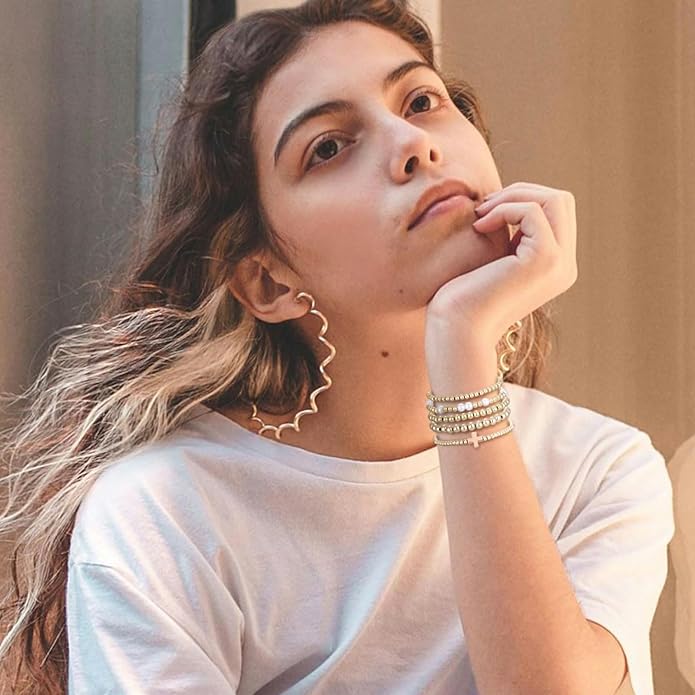 Kvekstio Gold Beaded Bracelet Set for Women – 5 Pack Layered Stackable Stretch Bracelets with Mixed Bead Sizes, Pearl-Style & Cross Charm, Minimalist Beads Jewelry Gifts for Everyday Wear & Holiday