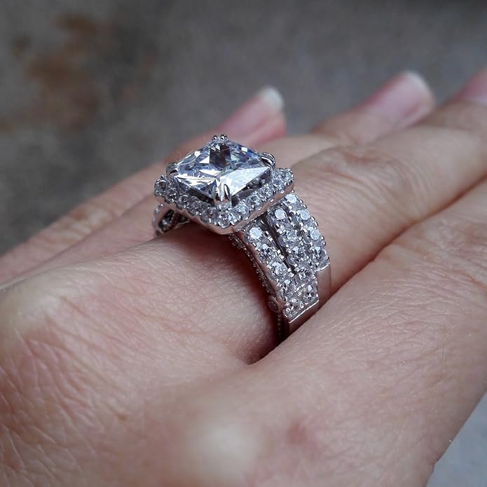 Wuziwen Princess Cut Engagement Rings for Women Sterling Silver Cubic Zirconia Wedding Bridal Ring Set