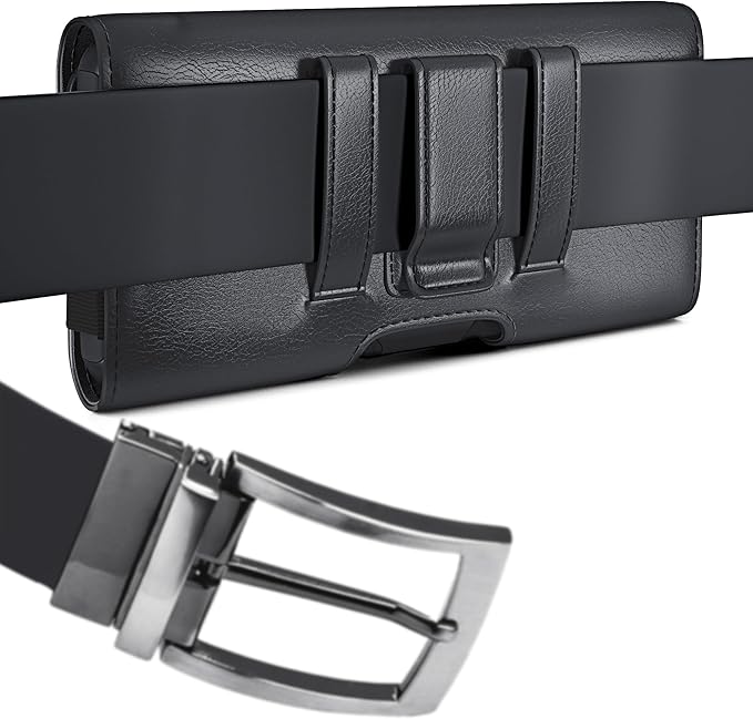 Holster for iPhone 16 16e Pro 15 14 13 12 11 10 XR Xs X, Samsung Galaxy S25 S24 S23 5G - Cell Phone Belt Holder Case with Clip - ID Card Magnetic Pouch - Black