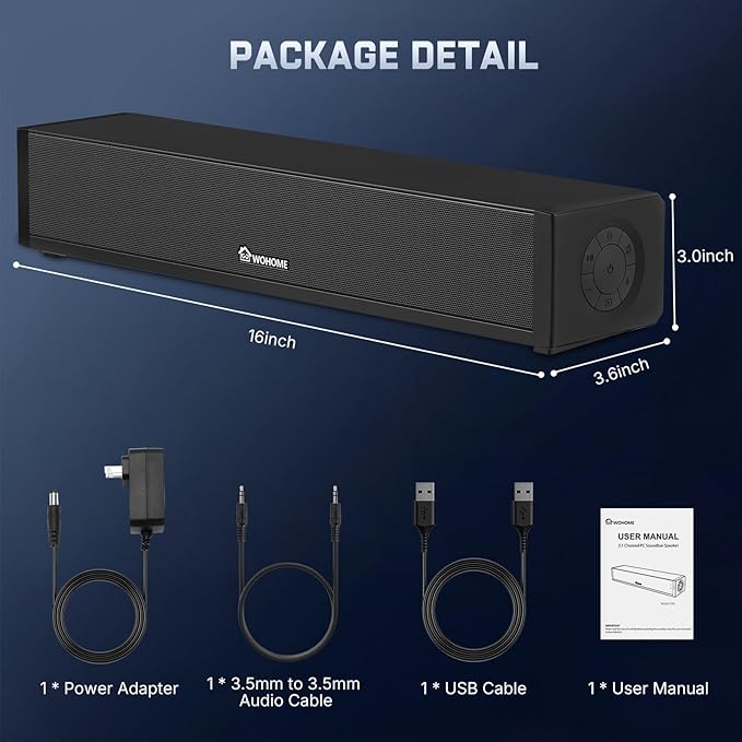 Wohome 2.1 Computer Speakers for Desktop PC, Bluetooth 5.3 PC Sound Bar with 7 RGB Light Modes, DC Powered Laptop Gaming Speakers with 3.5mm AUX-in/USB Connected for Projector, Tablet