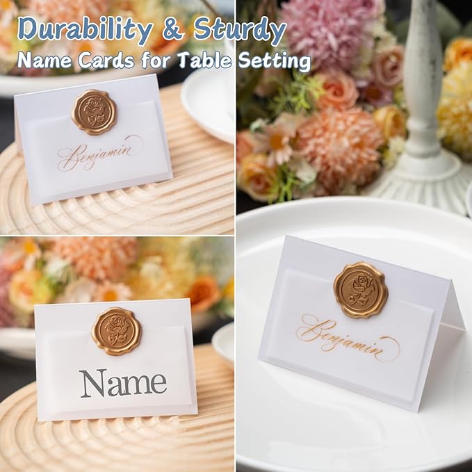25 Pack Name Cards for Table Setting, Place Cards with Antique Gold Rose Wax Seal Sticker for Wedding, Table Tent Card Stock Handmade Decor for Party, Dinner, Home (Pearlized White)