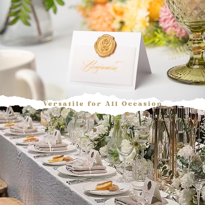 25 Pack Name Cards for Table Setting, Place Cards with Antique Gold Rose Wax Seal Sticker for Wedding, Table Tent Card Stock Handmade Decor for Party, Dinner, Home (Pearlized White)