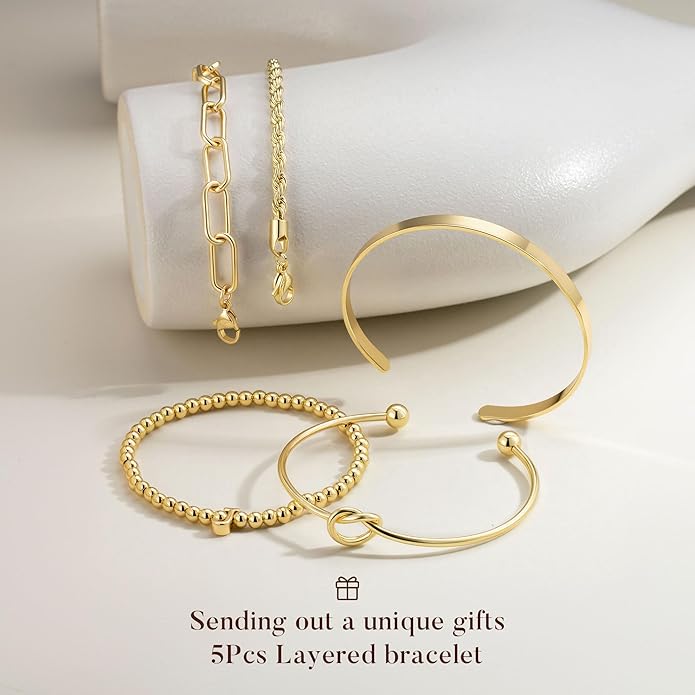 Turandoss Valentines Gifts for Her Girls, Dainty 5PCS 14K Gold Plated Initial A-Z Beaded Stretch Bracelet Chunky Gold Cuff Knot Twisted Rope Paperclip Bracelet Set Stack Jewelry Gifts for Women Girls