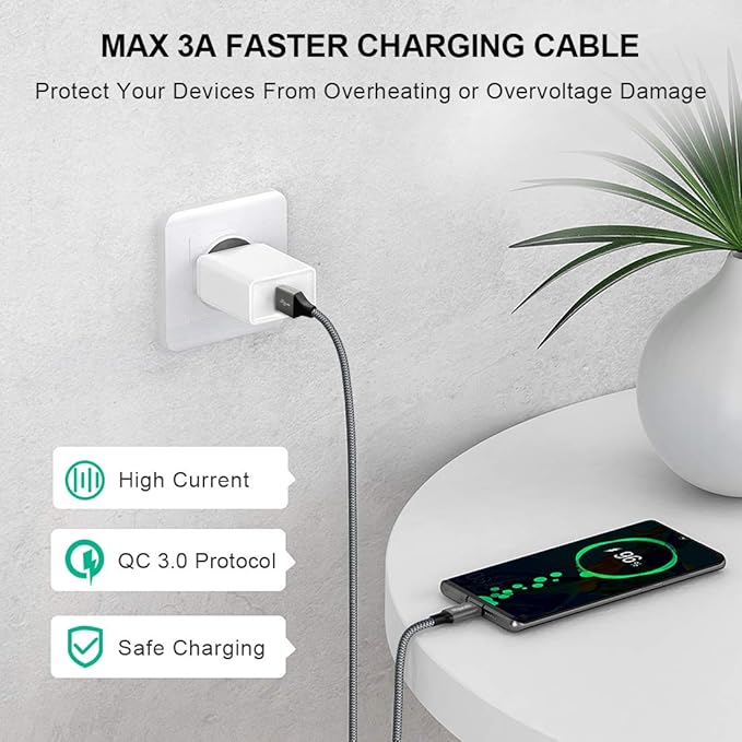 etguuds 6ft USB A to USB C Cable 3A Fast Charging, 2-Pack USB A to USB Type C Charger Cord for iPhone 16 15 Pro/Pro Max/Plus, for Samsung Galaxy S24 S23 S22 S21 S20 S10 A55 A54 Flip Note, Moto, Gray