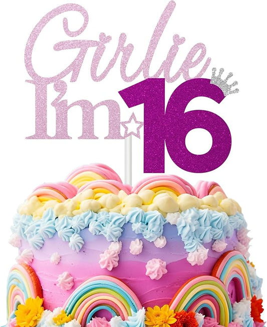 Girlie I'm 16 Cake Topper, 16th Birthday Decorations for Girl, Glitter Funny 16th Birthday Cake Topper, Girlie 16 Year Old Birthday Party Decoration Supplies