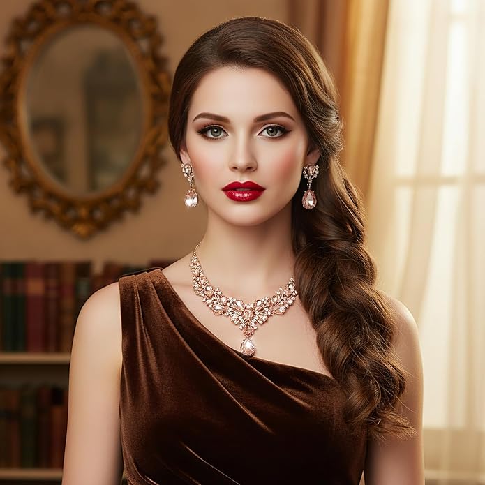 Hicarer Bridal Teardrop Cluster Crystal Jewelry Set for Women Necklace Earrings Wedding