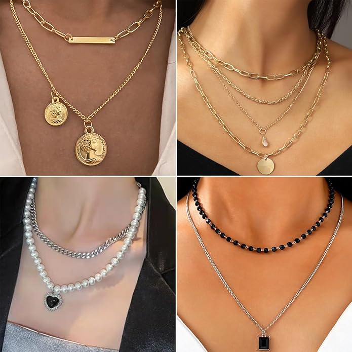 73 Pcs Gold Jewelry Set with 6Pcs Layered Necklace, 11 Pcs anklet and 7Pcs Earring Ear Cuff,12Hoop Earrings ,15pcs Rings,21pcs stud earrings Jewerly set for Women Pack for Friendship Party Gift