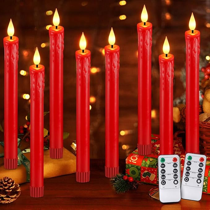 OCATO Flameless Candles with Remote Timer: 8 Pcs Battery Operated Window Candles 9.6" Real Wax LED Flickering Flameless Taper Candles 3D Wick Lights Halloween Christmas Wedding Party Decorations Red