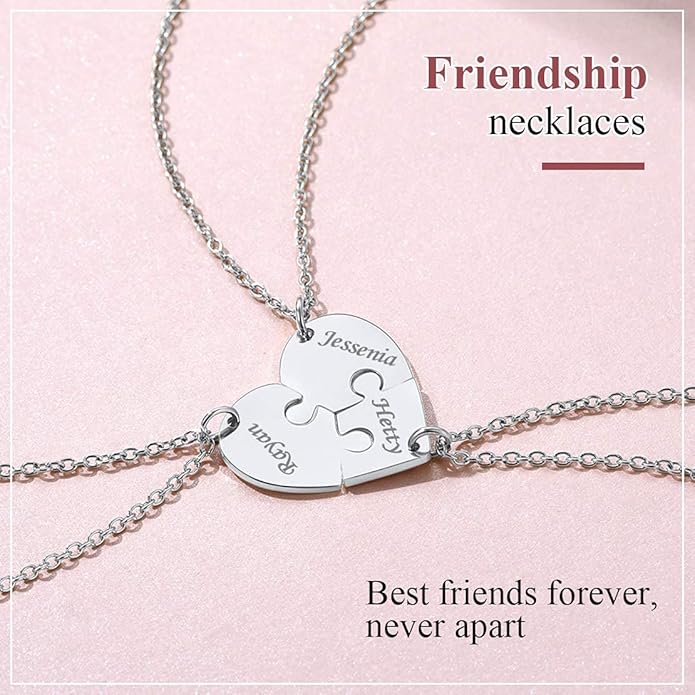 FindChic Personalized Matching BFF Necklace for 2/3/4/5/6 Puzzle Name Heart Pendant Stainless Steel Couple Necklace Set Customized Necklaces for Teen Girls
