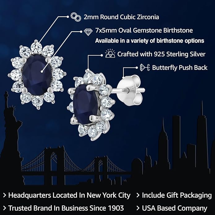 Gem Stone King 7X5MM Oval Gemstone Birthstone Stud Earrings For Women | Princess Diana Royal Halo Style | 925 Sterling Silver | Fine Jewelry Gifts for Anniversary Wedding Her Mom Women Wife
