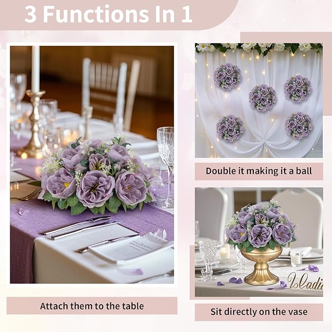 NUPTIO Artificial Flowers Ball Centerpieces: 10 Pcs 9.8 Inch Diameter Fake Kissing Rose Floral Balls for Wedding Party Bridal Shower Valentine Home - Purple Bouquet Arrangement Decorations for Table