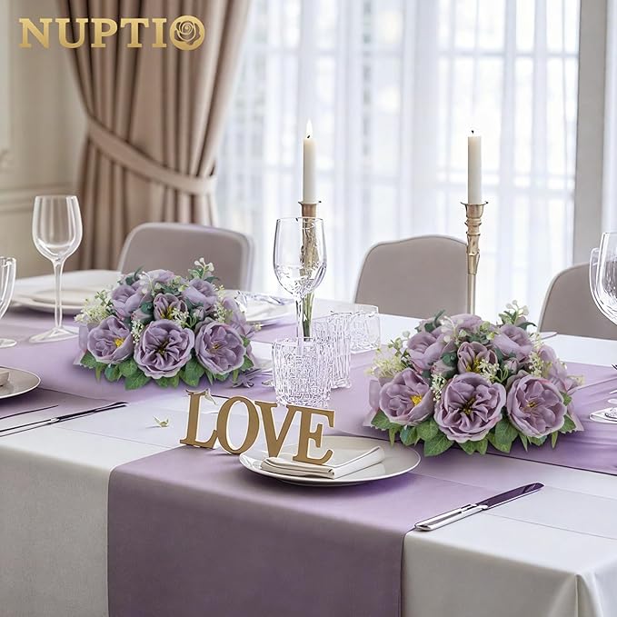 NUPTIO Artificial Flowers Ball Centerpieces: 10 Pcs 9.8 Inch Diameter Fake Kissing Rose Floral Balls for Wedding Party Bridal Shower Valentine Home - Purple Bouquet Arrangement Decorations for Table