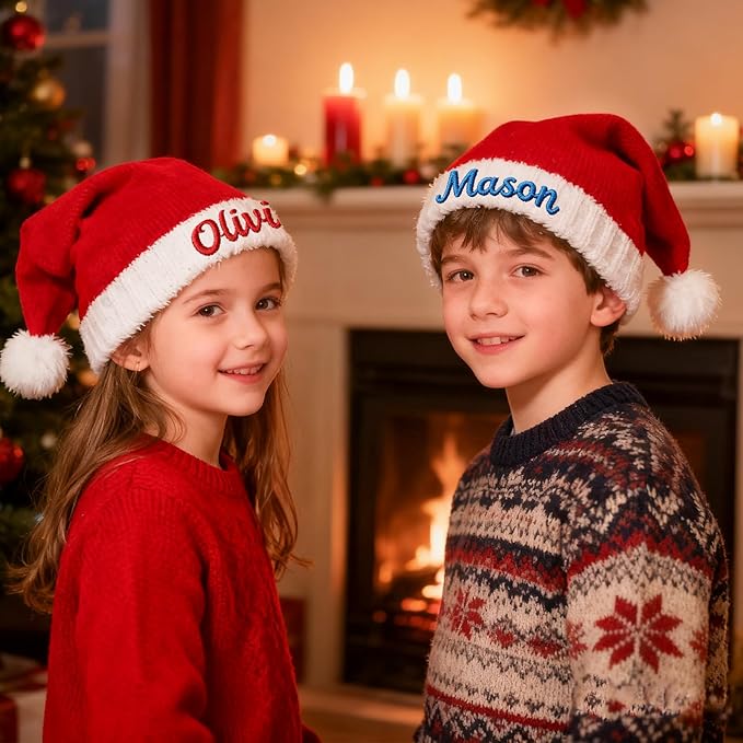 Custom Santa Hat for Adult Kids Personalized Gift Christmas Hats Monogram Red Santa Beanie Boy Girl Winter Knit Hat