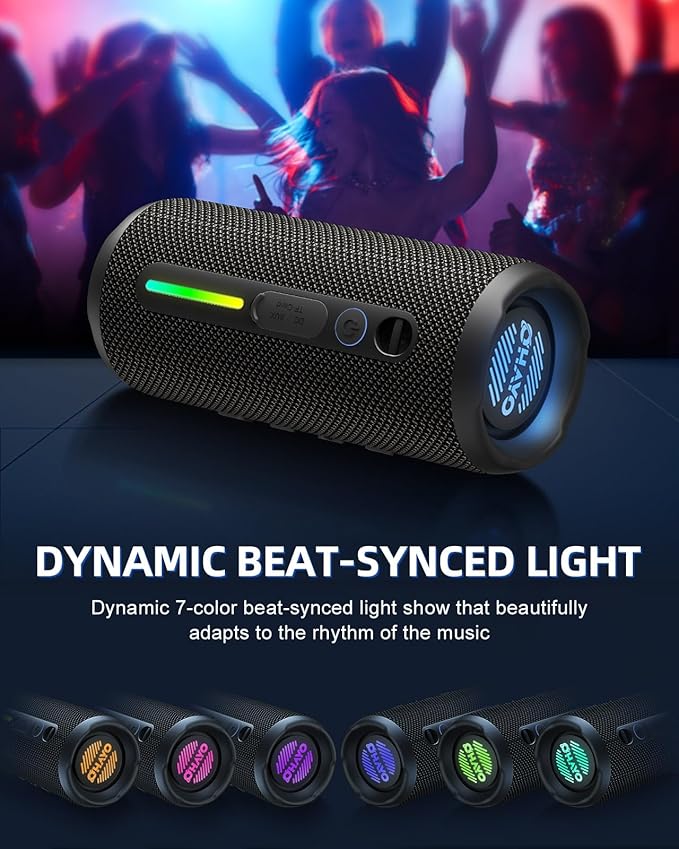 OHAYO Portable Bluetooth Speaker - IPX7 Waterproof, Wireless Stereo Pairing, 25-Hour Playtime, 24W Loud Sound, Bluetooth 5.3, Bass Boost, LED Lights, for Home/Shower/Outdoor/Beach/Travel, Gift Ideas