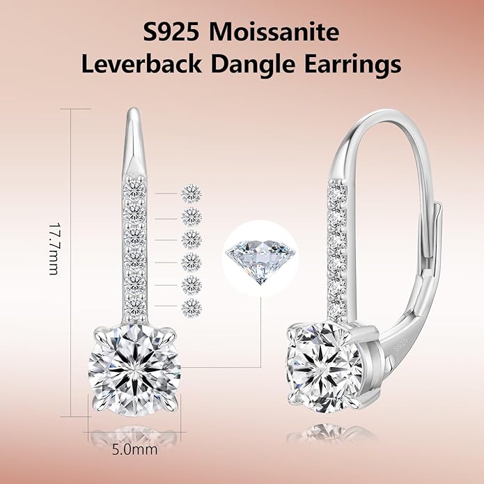 KRKC Moissanite Earrings, 1.0ct-2.0ct D Color Lab Created Diamond Earring, 14k White Gold Plated Sterling Silver Dangle Earrings S925 Leverback Drop Earring for Women Hypoallergenic Jewelry for Gifts