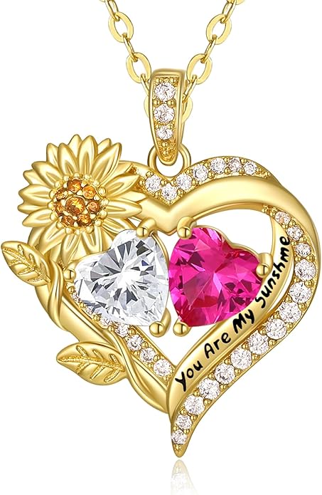 Sunflower Heart Necklace for Women 14K Gold Exquisite Valentines Day Anniversary Birthday Gifts for Wife Mother Her Double Birthstone Pendant Jewelry‘You Are My Sunshine’