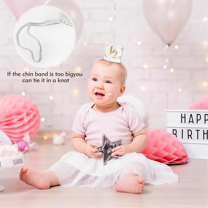 Half Birthday Crown Hat,White Birthday Crown for Baby 6-12 Months, Pink Bow Soft Photo Props for Half Year Celebration, Party Decorations