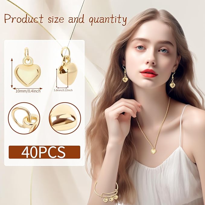 MARFOREVER 40 Pcs 18K Gold Heart Charms for Jewelry Making, Valentines Charms 3D Love Heart Shape Dangle Pendants for Mother's Day Valentine's Gifts Bracelet Necklace Earrings Making DIY Crafts