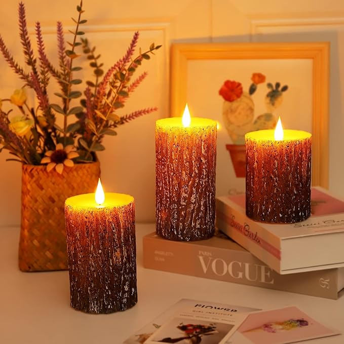 Pine Bark Effect Flameless Candles Battery Operated Pillar Real Wax Flickering Electric LED Candle Sets with Remote Control Cycling 24 Hours Timer, 3" x 4" 5" 6" Pack of 3